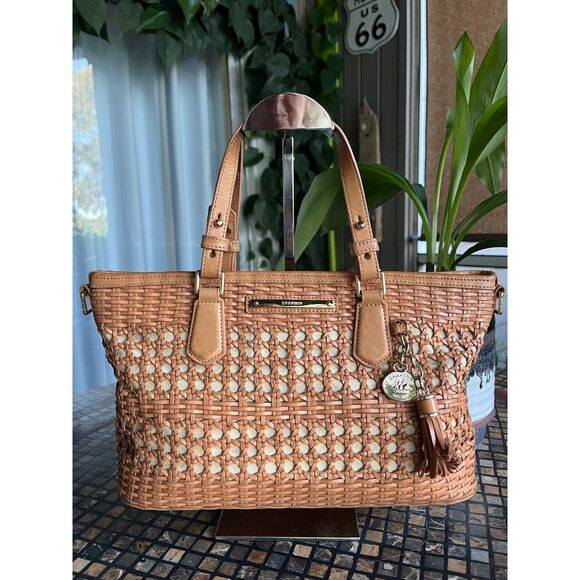 Brahmin Asher Tan Nantucket Basket Pattern Satchel Tote RARE Size - Picture 9 of 9